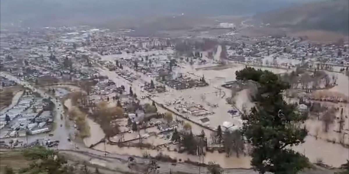 A helicopter photo of Merritt, BC following the 2021 atmospheric river flooding.